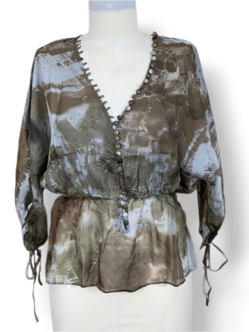 4/$20 Blue Tassel 100% Silk Blouse Abstract Print V Neck Peplum Small NWT